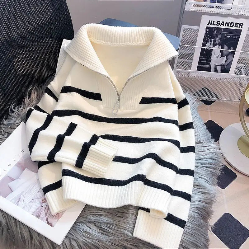 WW | Strickpullover - Halb Reißverschluss - Weich und Warm - Gestreiftes Design - Gerippte Kanten