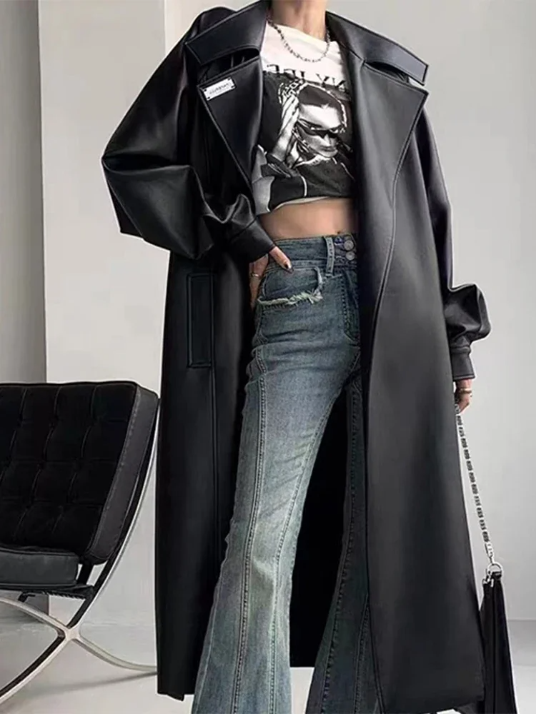 WW | Long Coat Tailored Fit Faux Leather Ankle Length Buttoned Lapel Elegance