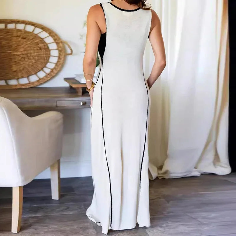 Long summer knit dress with contrasting trims and bow