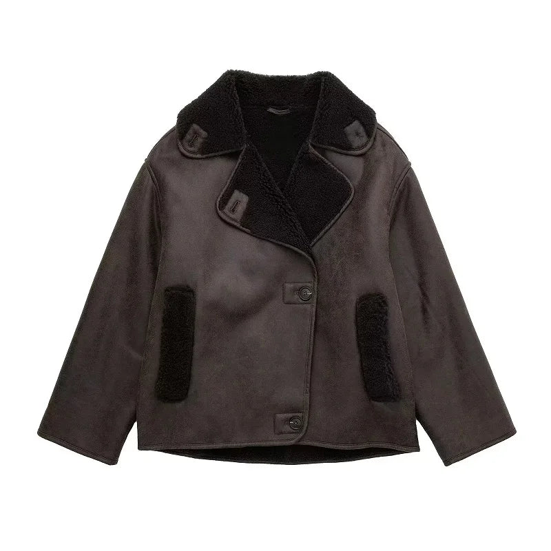 WW | Leather Winter Jacket with Plush Lining and Wide Collar