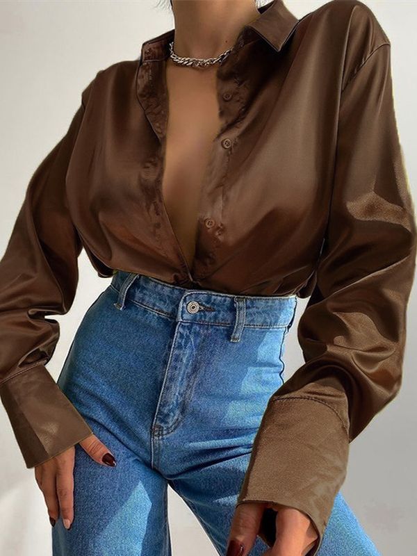 WW | Satin Blouse With Polo Collar Silk Blouse For The Office Vintage Design With Loose Button Elegant Fashion