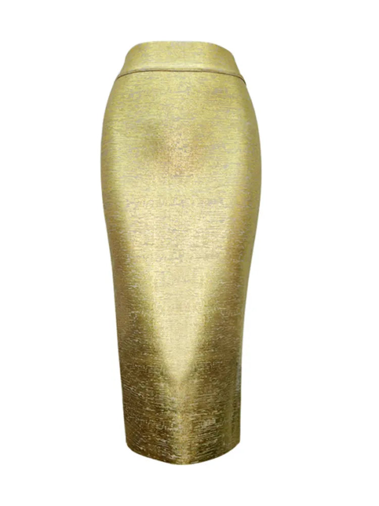 WW | Frauen Sommerrock Sexy Silber Gold Bronzing Midi Bandage Rock High Street Designer Schlanker Fest Midi Bleistiftrock 78Cm