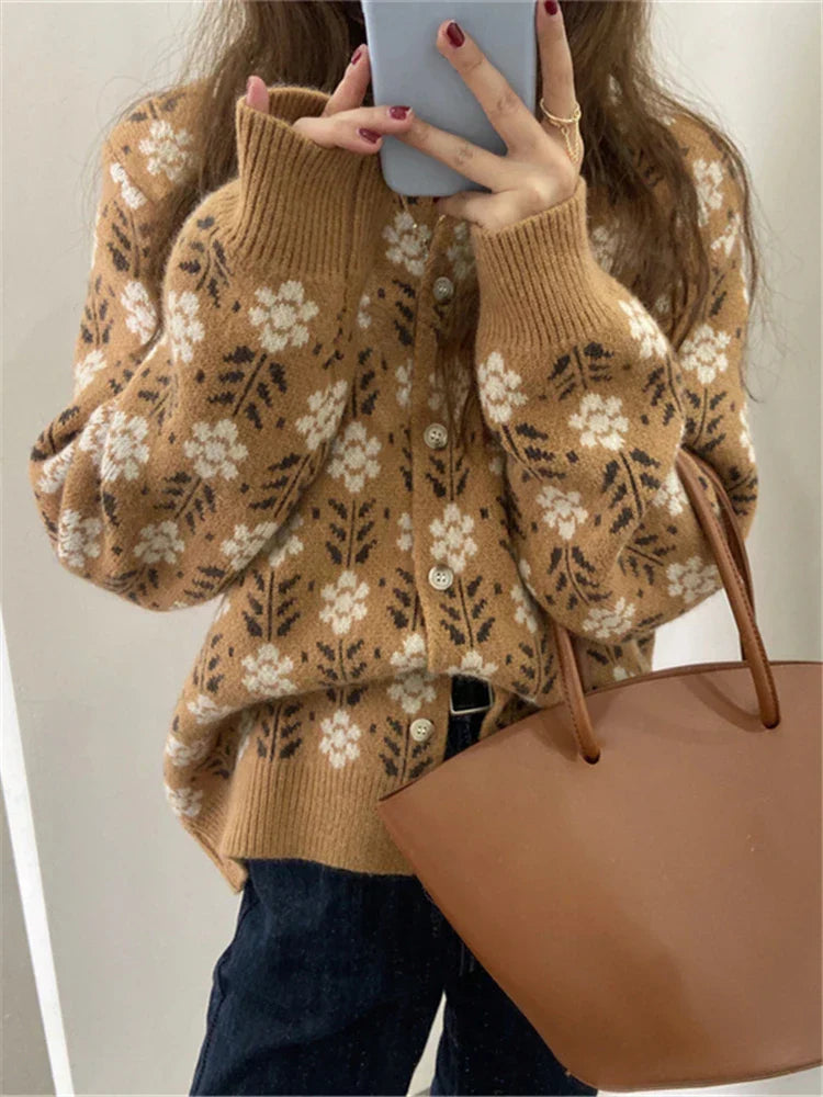 WW | Strickjacke Gestrickt Blumenmuster Lockere Passform Knöpfe Rundhals