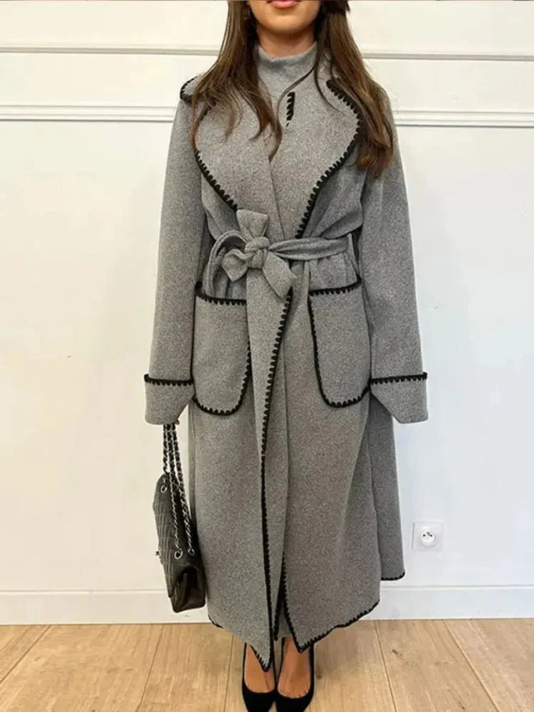 WW | Longline Mantel - Kontrastierende Besatz - Gürtellinie - Casual bis Formal