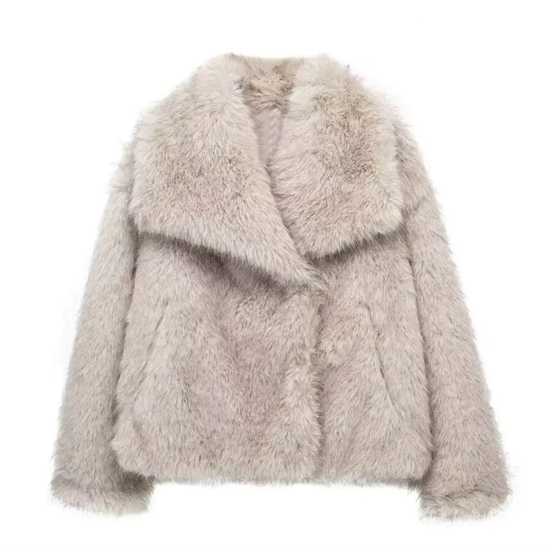WW | Faux Fur Coat Luxurious Soft Texture Open Front Classic Lapel Collar
