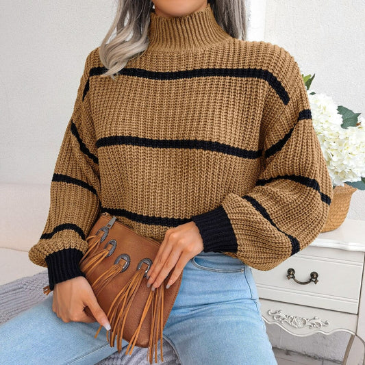 WW | Strickpullover Hoher Kragen Grobstrick Übergroß Schnitt Gestreiftes Design