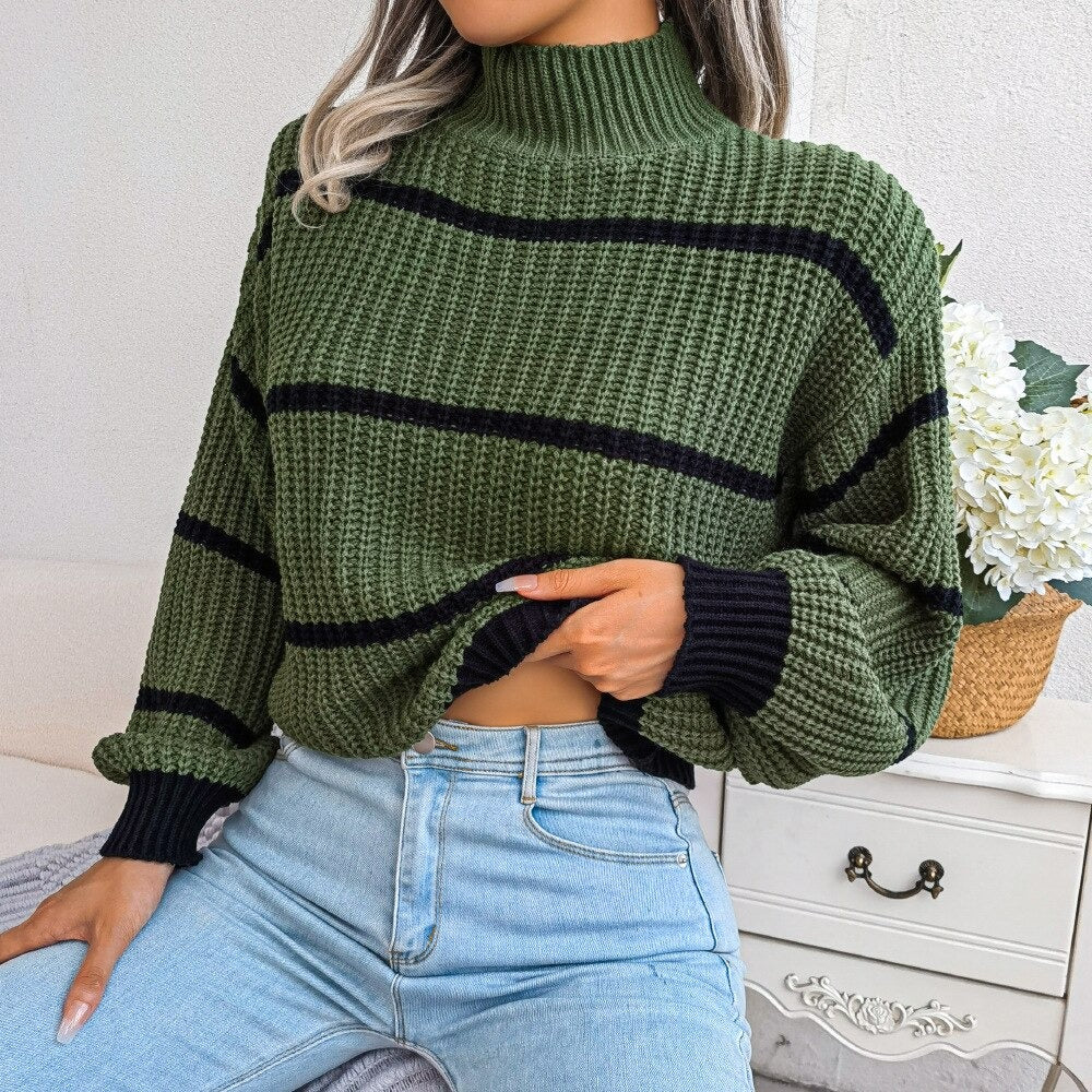 WW | Strickpullover Hoher Kragen Grobstrick Übergroß Schnitt Gestreiftes Design