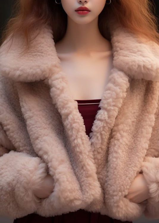 WW | Aprikose Peter Pan Kragen Taschen Teddy Faux Fur Mäntel Lange Ärmel