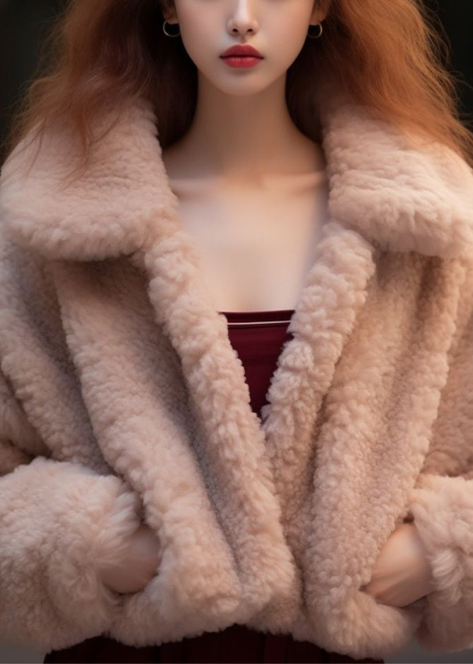 WW | Aprikose Peter Pan Kragen Taschen Teddy Faux Fur Mäntel Lange Ärmel