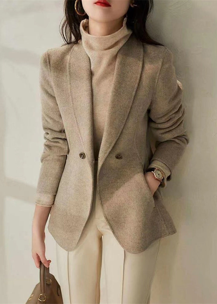 WW | Beige Peter Pan Collar Slim-Fit Double-Breasted Wool Coat
