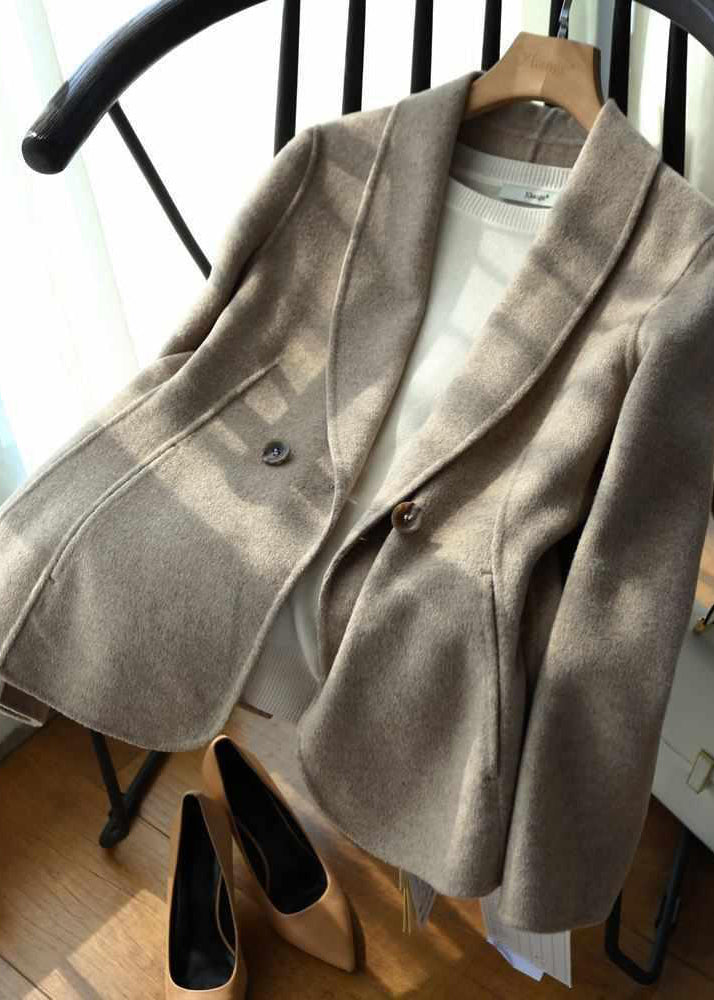 WW | Beige Peter Pan Collar Slim-Fit Double-Breasted Wool Coat
