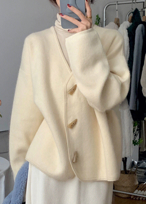 WW | Beige V-neck Button Knit Cotton Coats