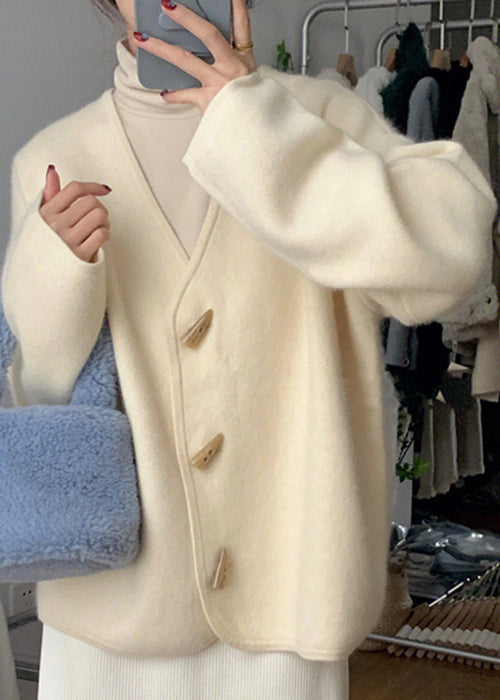 WW | Beige V-neck Button Knit Cotton Coats
