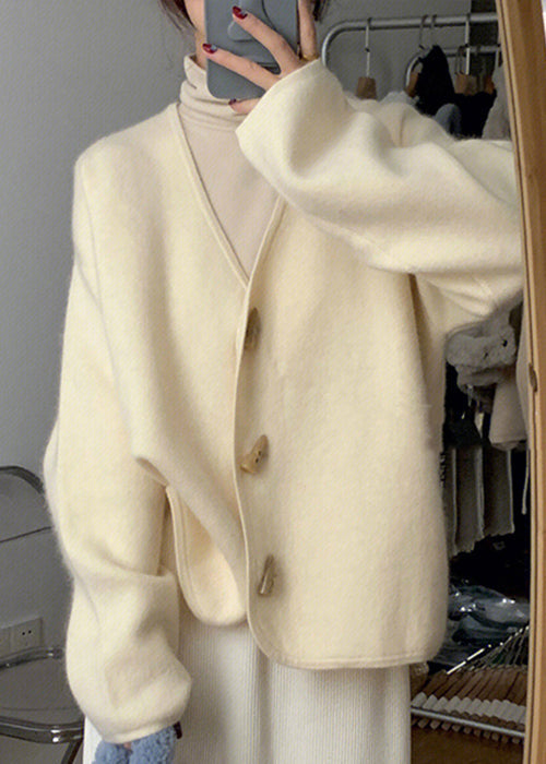 WW | Beige V-neck Button Knit Cotton Coats