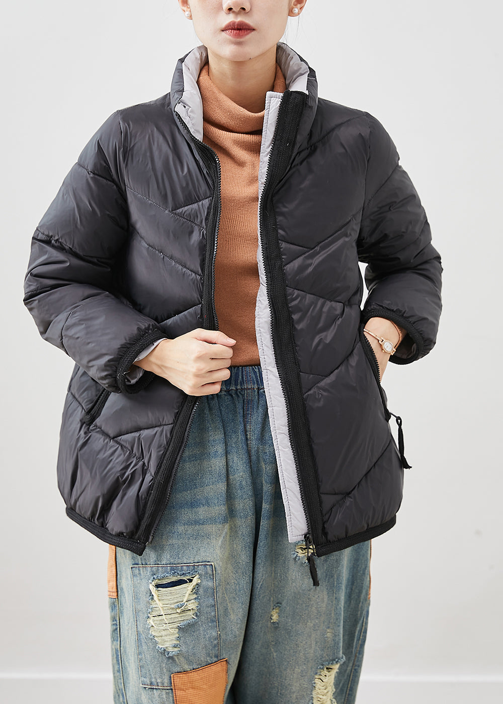 WW | Black Zipper Duck Down Jackets Winter