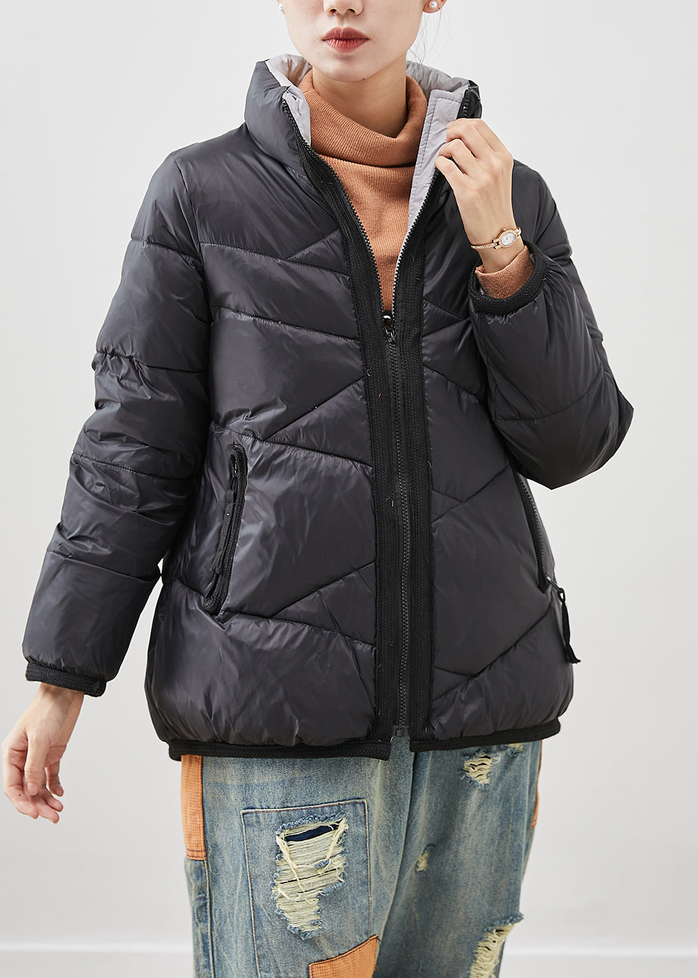 WW | Black Zipper Duck Down Jackets Winter