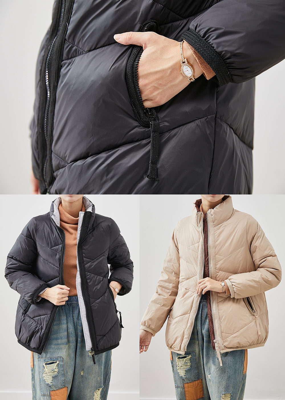 WW | Black Zipper Duck Down Jackets Winter