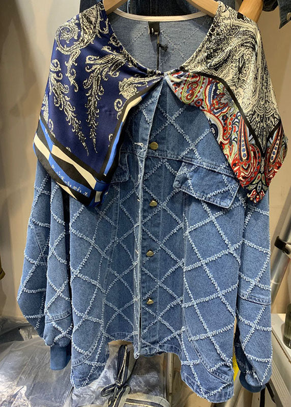 WW | Blue Button Patchwork Print Long Sleeve Coats