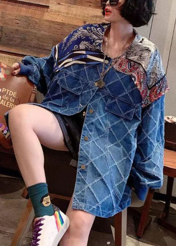 WW | Blue Button Patchwork Print Long Sleeve Coats