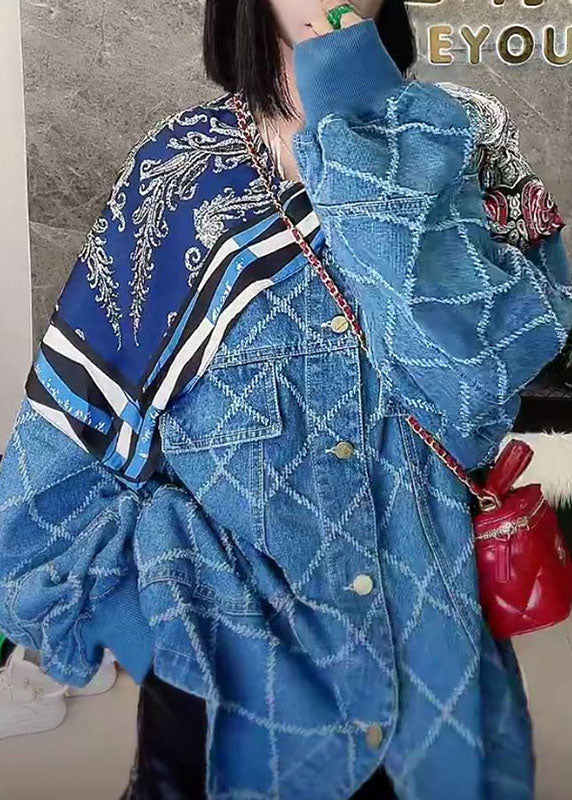 WW | Blue Button Patchwork Print Long Sleeve Coats