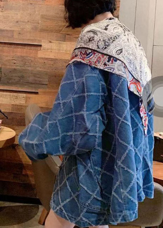 WW | Blue Button Patchwork Print Long Sleeve Coats