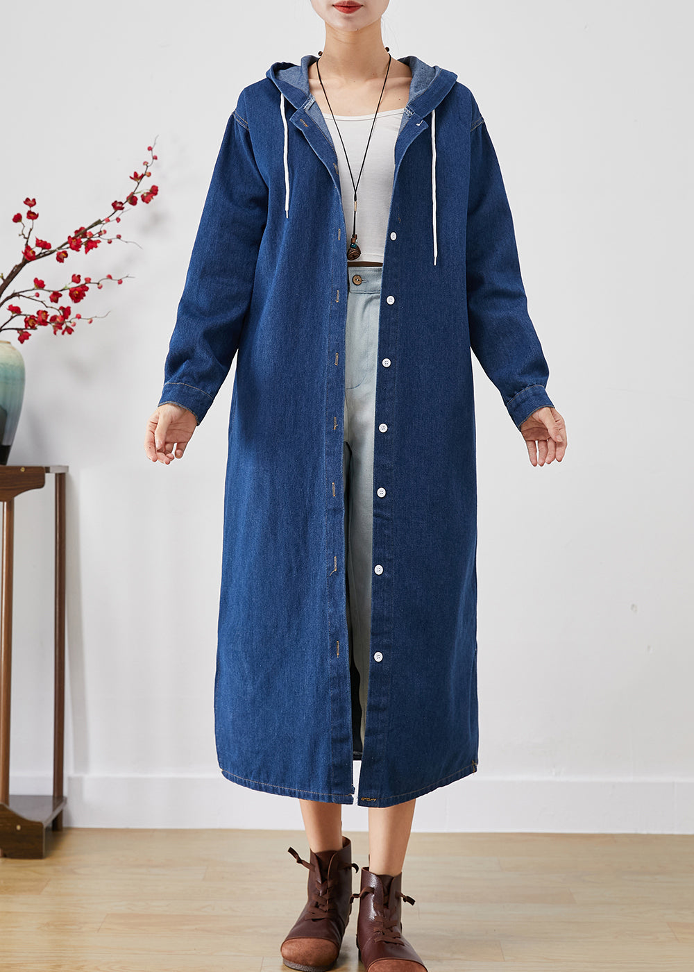 WW | Blue Hooded Button-Down Denim Trench Coats