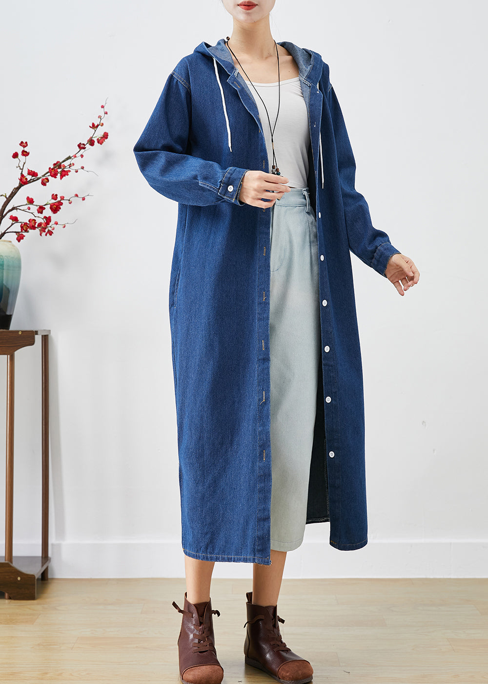 WW | Blue Hooded Button-Down Denim Trench Coats
