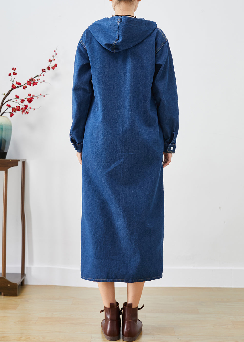 WW | Blue Hooded Button-Down Denim Trench Coats