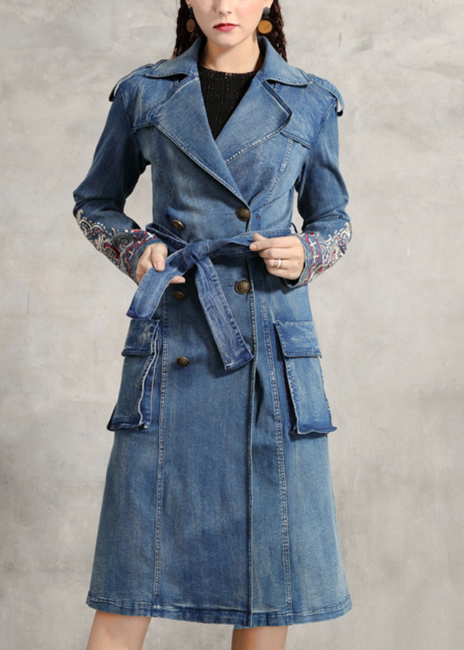 WW | Blue Peter Pan Collar Pockets Embroidered Double-Breasted Belt Cotton Denim Trench Coats
