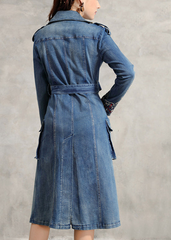 WW | Blue Peter Pan Collar Pockets Embroidered Double-Breasted Belt Cotton Denim Trench Coats
