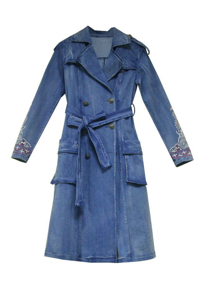 WW | Blue Peter Pan Collar Pockets Embroidered Double-Breasted Belt Cotton Denim Trench Coats