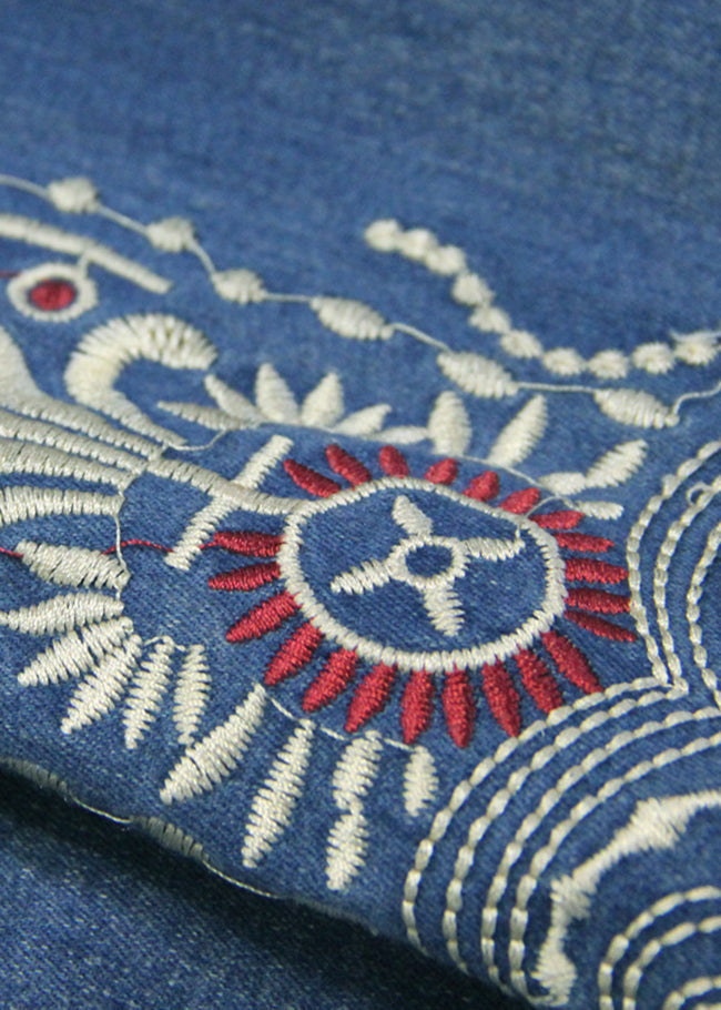 WW | Blue Peter Pan Collar Pockets Embroidered Double-Breasted Belt Cotton Denim Trench Coats