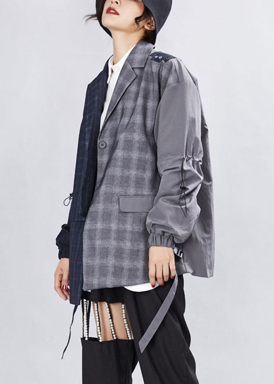 WW | Graues Patchwork-Plaid asymmetrisches Design Mäntel Langarm