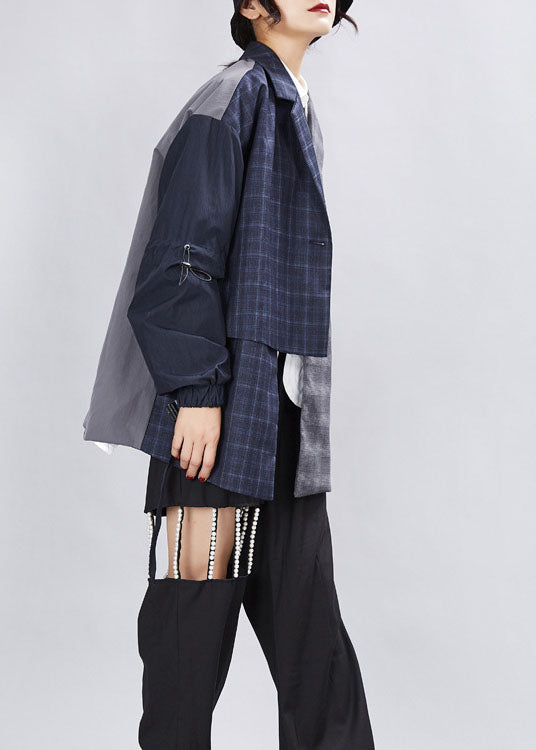 WW | Graues Patchwork-Plaid asymmetrisches Design Mäntel Langarm