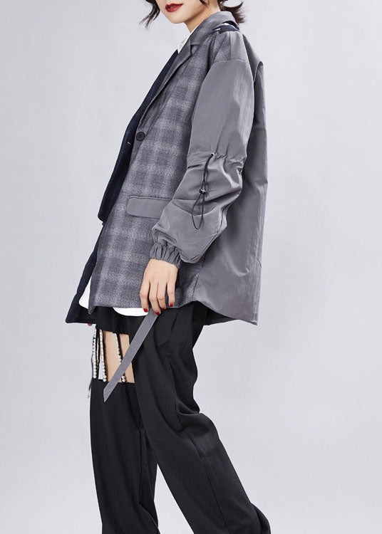 WW | Graues Patchwork-Plaid asymmetrisches Design Mäntel Langarm