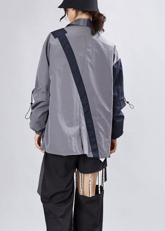 WW | Gray Patchwork Plaid Asymmetrical Design Long Sleeve Coats