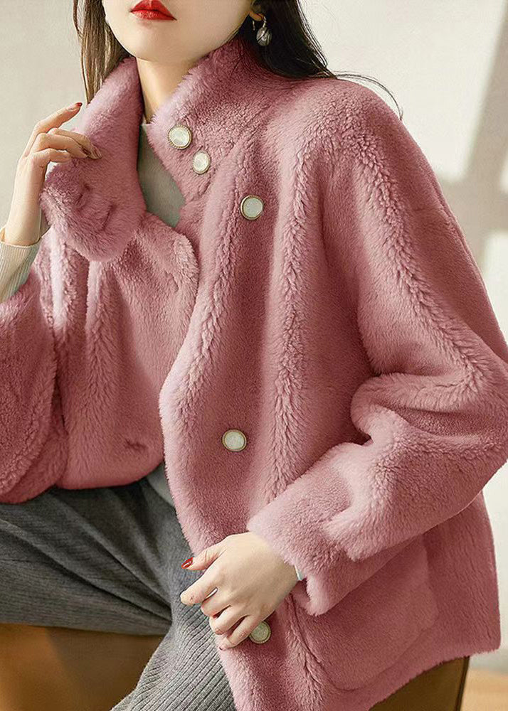 WW | Pink Stand Collar Pockets Patchwork Wool Jackets Winter