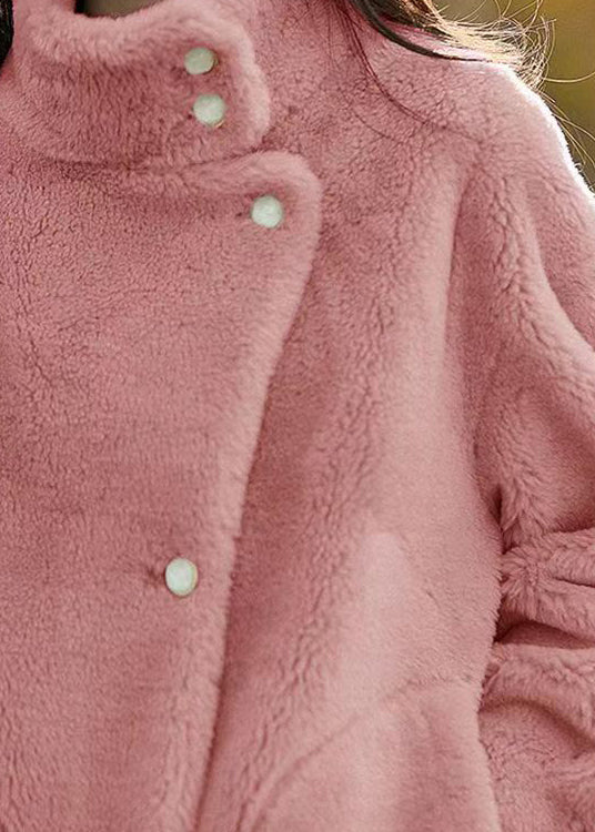 WW | Pink Stand Collar Pockets Patchwork Wool Jackets Winter
