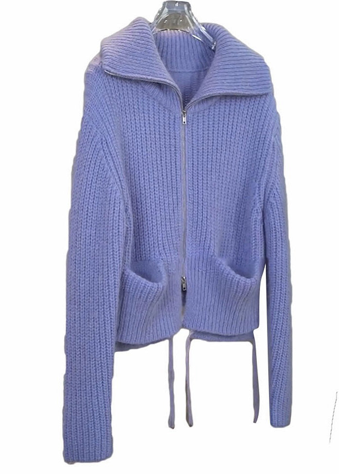 WW | Purple Zipper Pockets Patchwork Knitted Coats