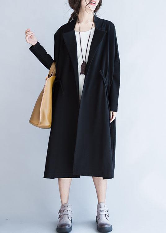 WW | Square Collar Drawstring Fashion Women's Black Knee-Length Jackets