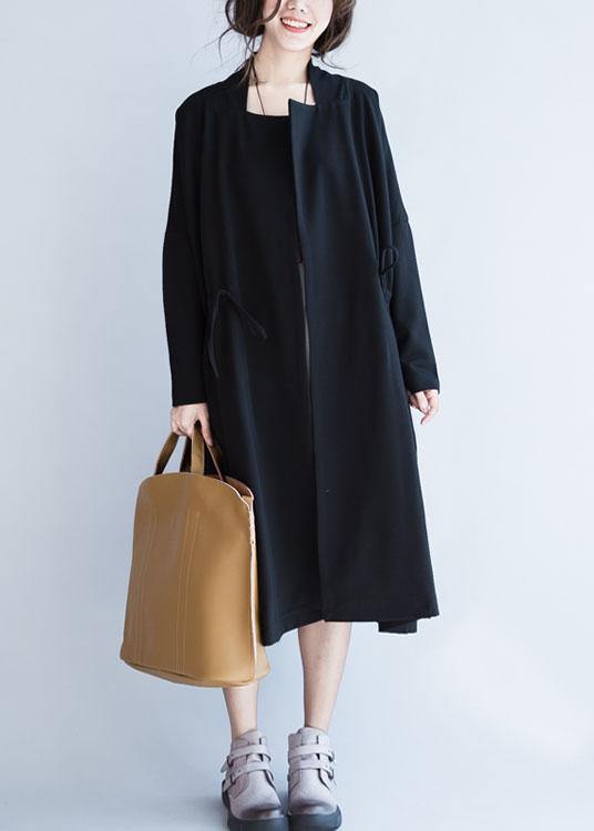 WW | Square Collar Drawstring Fashion Women's Black Knee-Length Jackets