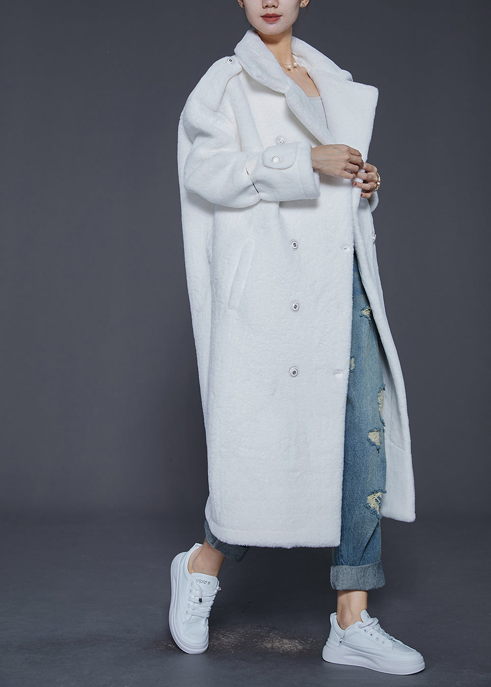 WW | White Lapel Double Breasted Warm Faux Fur Coats Winter