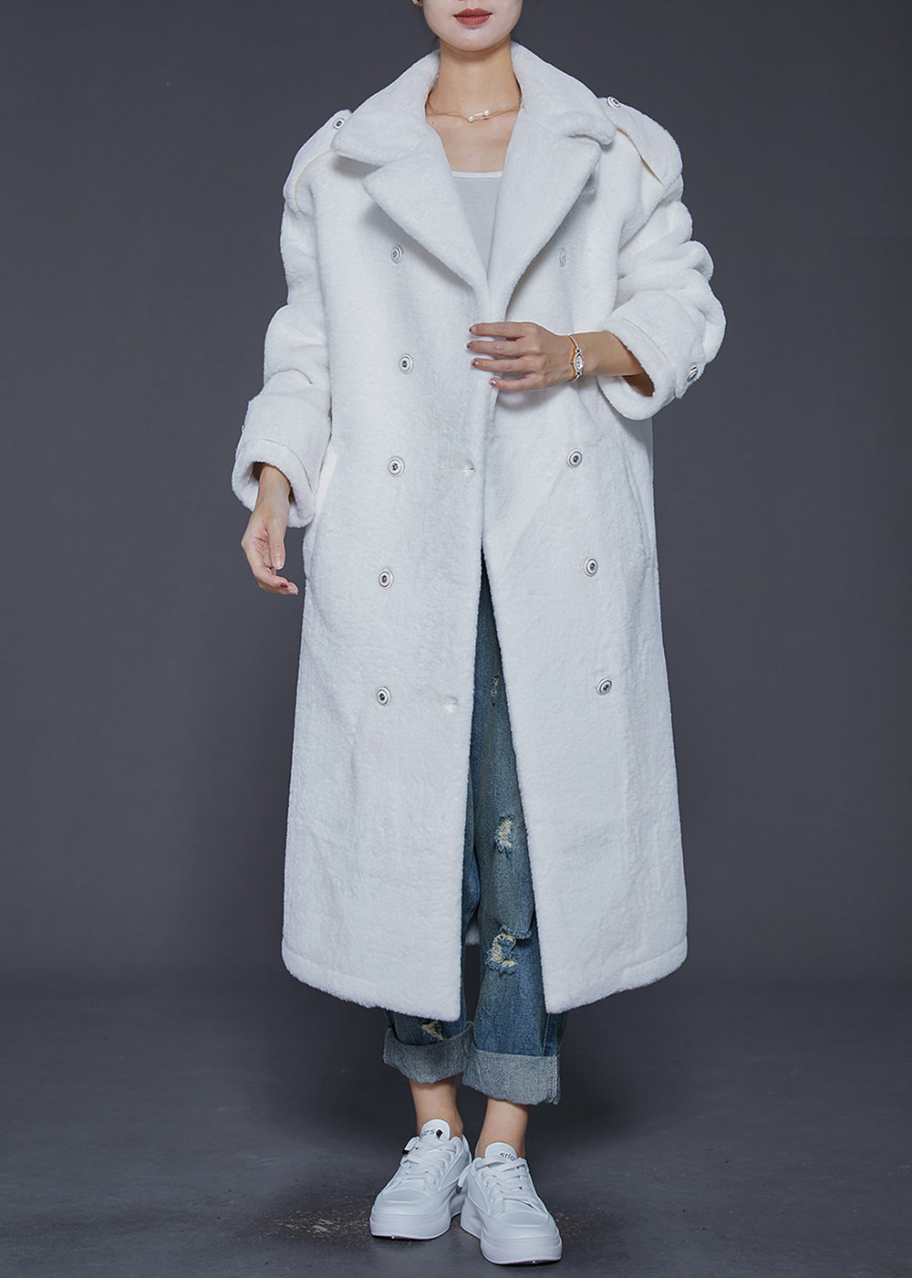 WW | White Lapel Double Breasted Warm Faux Fur Coats Winter