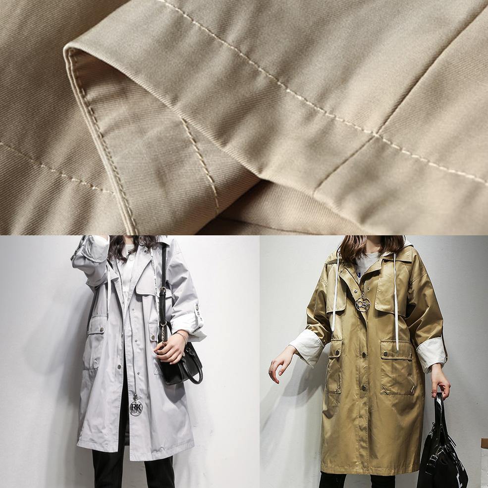 WW | Hooded Drawstring Fine Coats Women Khaki Cotton Women's Coats