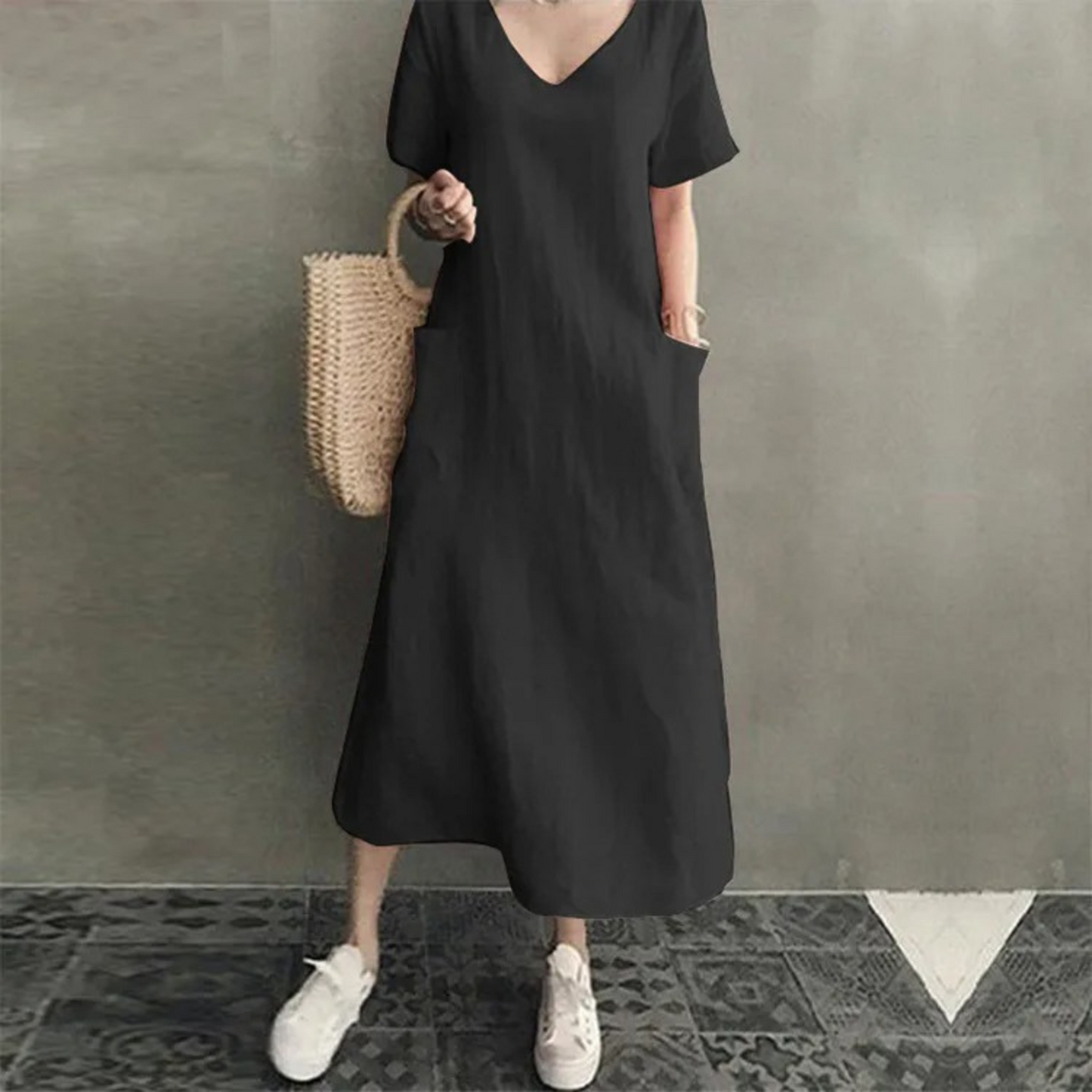 WW | Schlank Bequem Leinenkleid mit V-Ausschnitt