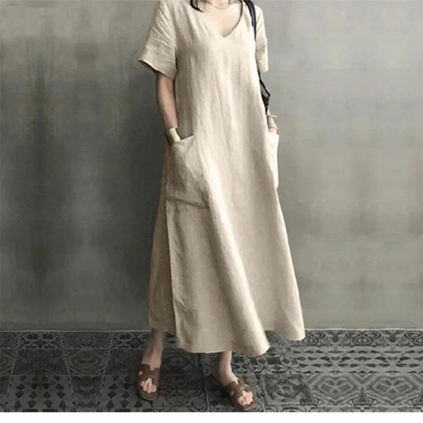 WW | Schlank Bequem Leinenkleid mit V-Ausschnitt
