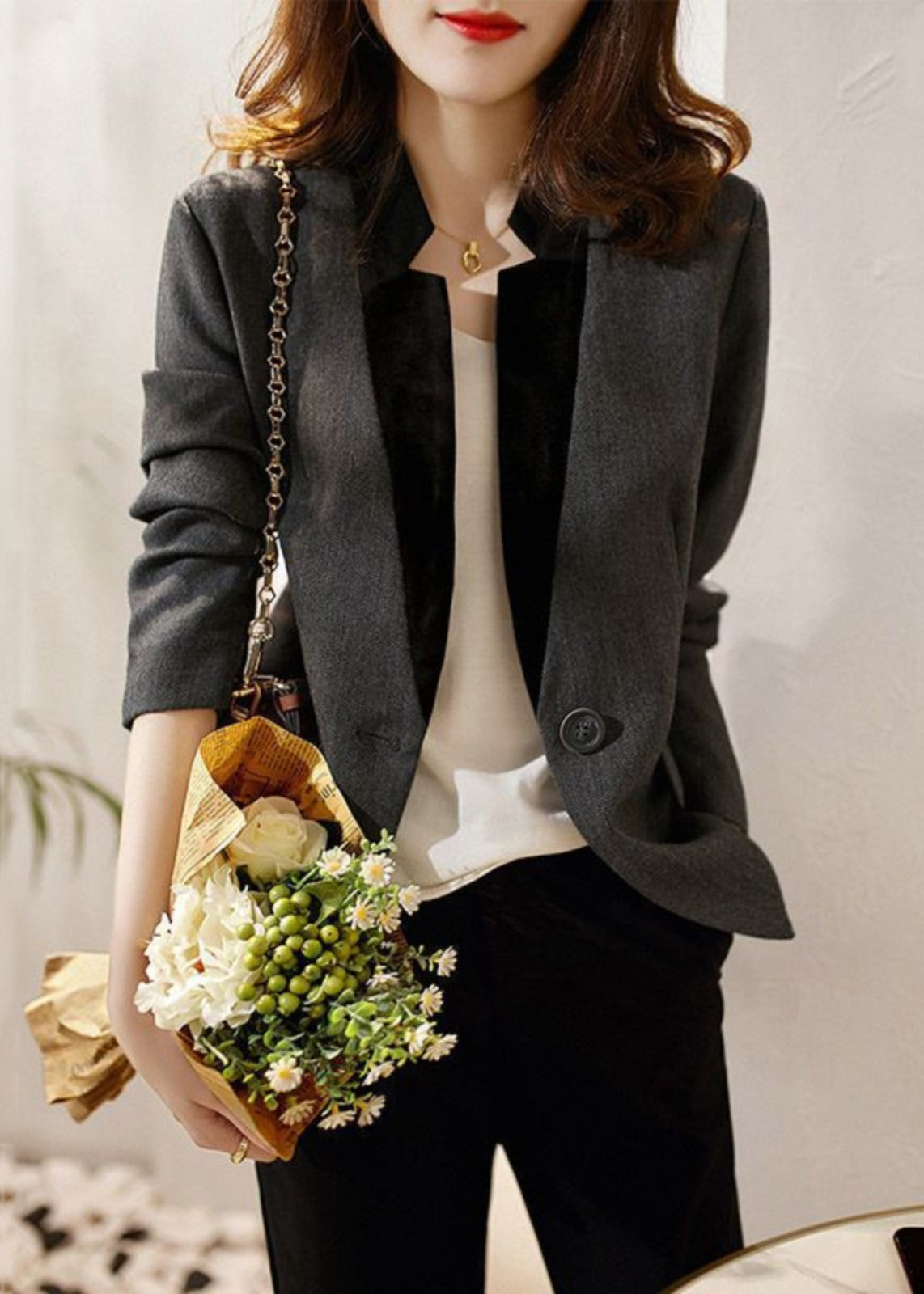 WW | Fit Gray V-Neck Button Patchwork Spandex Coats