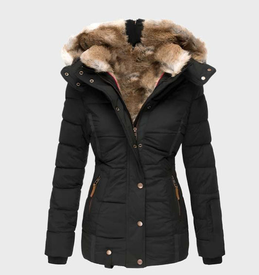 WW | Damen Wasserabweisende Gepolsterte Winterjacke mit Kapuze und Kunstpelzfutter