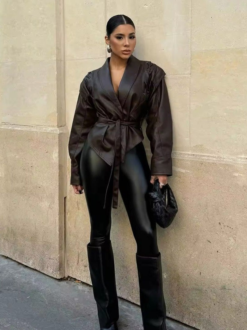 WW | Leder Schnür Lapel Kragen Blazer Jacke