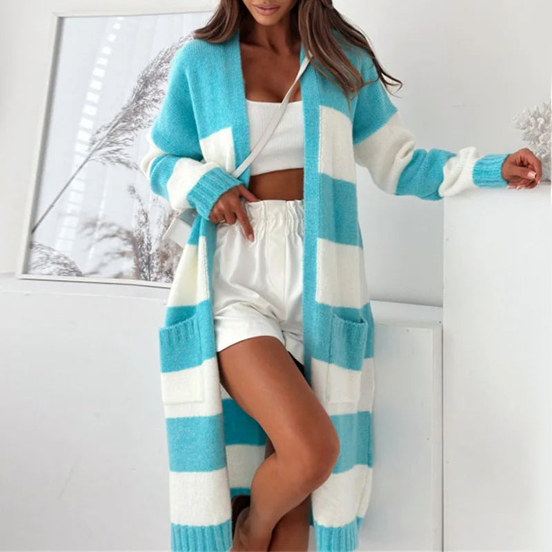 WW | Damen Lange Gestreifte Strickjacke mit Langen Ärmeln und Taschen
